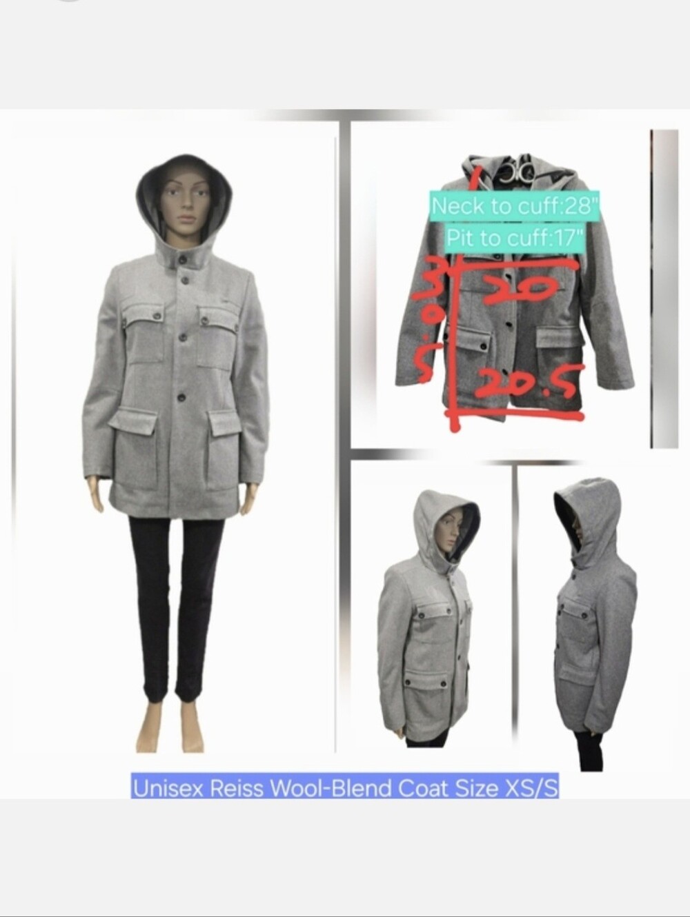 Unisex Reiss Wool-Blend Coat Size XS/S